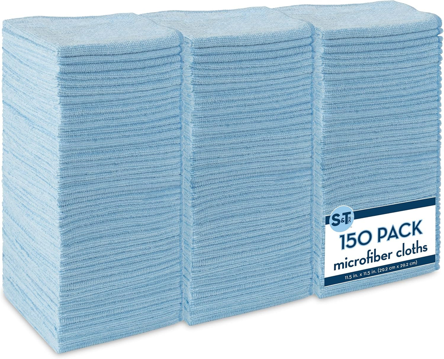 S&T INC. 150 Pack Microfiber Cleaning Cloth, Bulk Towels for Home, Reusable Microfiber Towels for Cars, Cleaning Rags, Light Blue, 11.5 Inches x 11.5 Inches, 150 Count