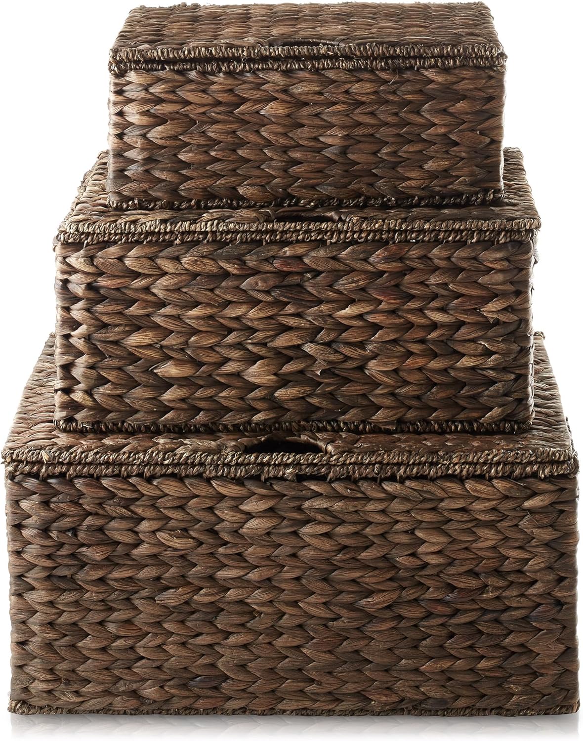 Casafield Set of 3 Water Hyacinth Rectangular Storage Baskets with Lids (Espresso - Small/Medium/Large) for Bedroom, Bathroom, Laundry, Home Office