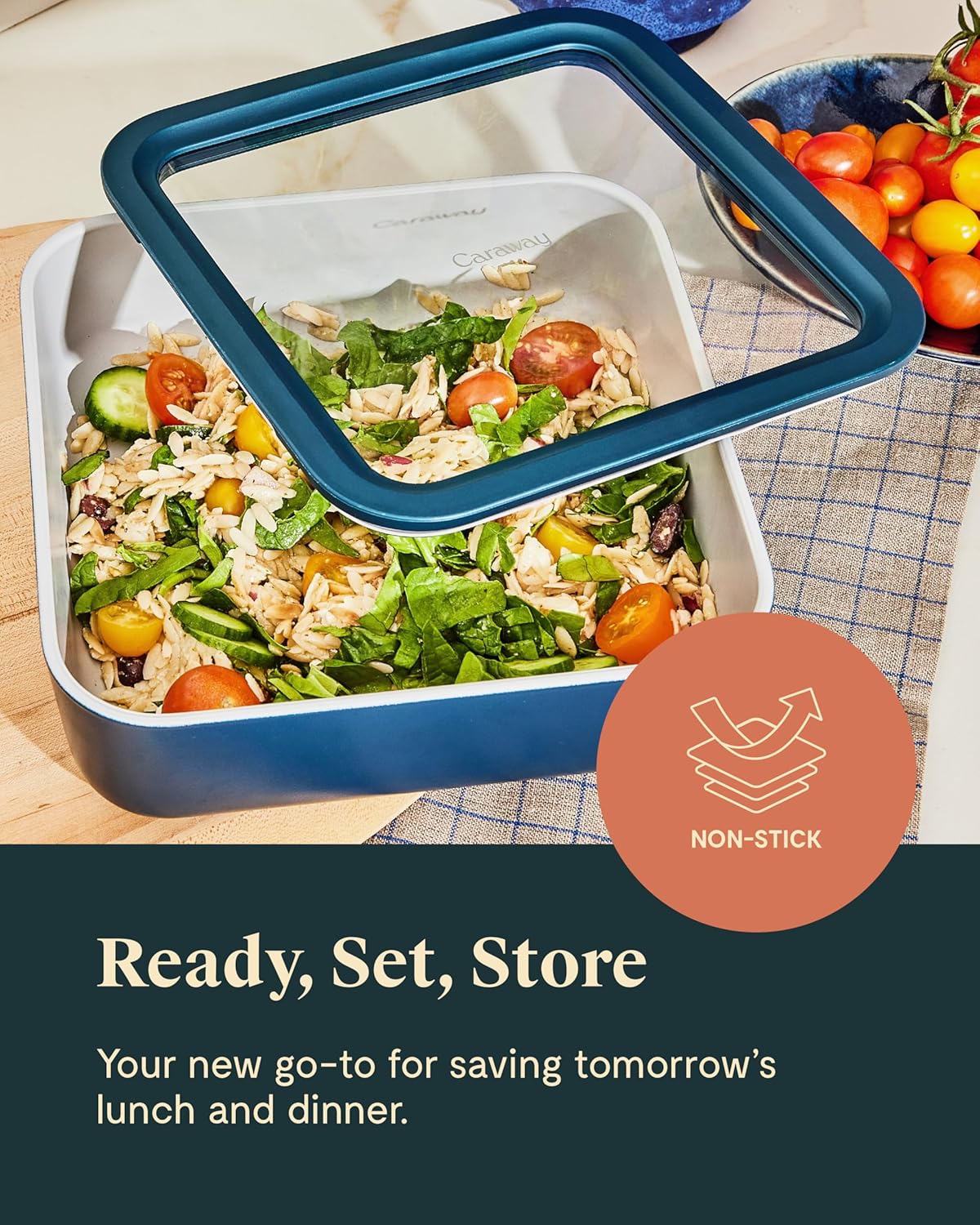 Caraway 2pc Glass Food Storage Set - 10 Cup Food Containers (2) - Ceramic Coated - Non Toxic, Non Stick Lunch Box with Lids. Dishwasher, Oven, & Microwave Safe - Perracotta