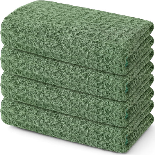 Homaxy Microfiber Waffle Weave Kitchen Towels, 16 x 28 Inch Ultra Absorbent and Solid Color Dish Towels, 4 Pack, Grass Green