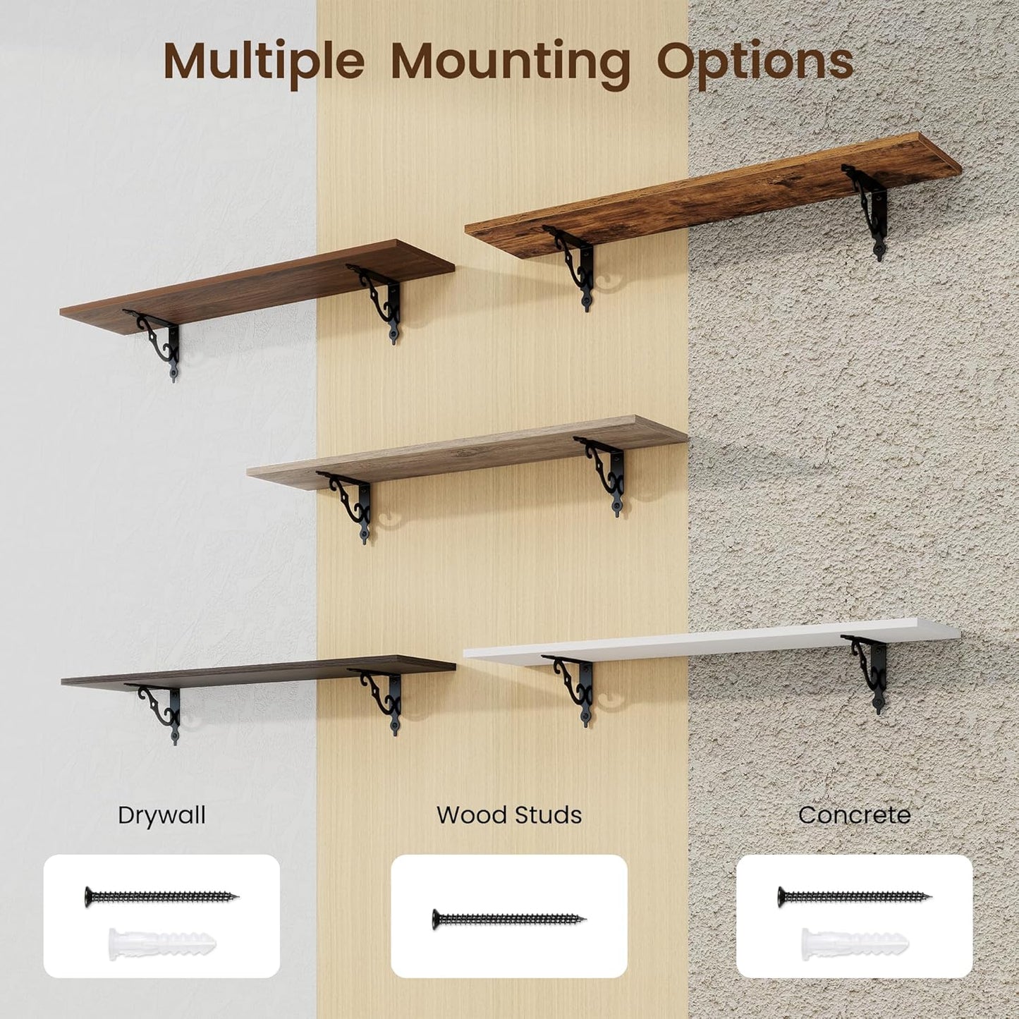 RICHFOCUS Floating Shelves for Wall Decor, 35.4W x 8D Wall Shelves Set of 2, 8 Inch Deep Rustic Wood Shelves Wall Mounted with Brackets, Long Floating Shelves for Living Room Bedroom Kitchen, White