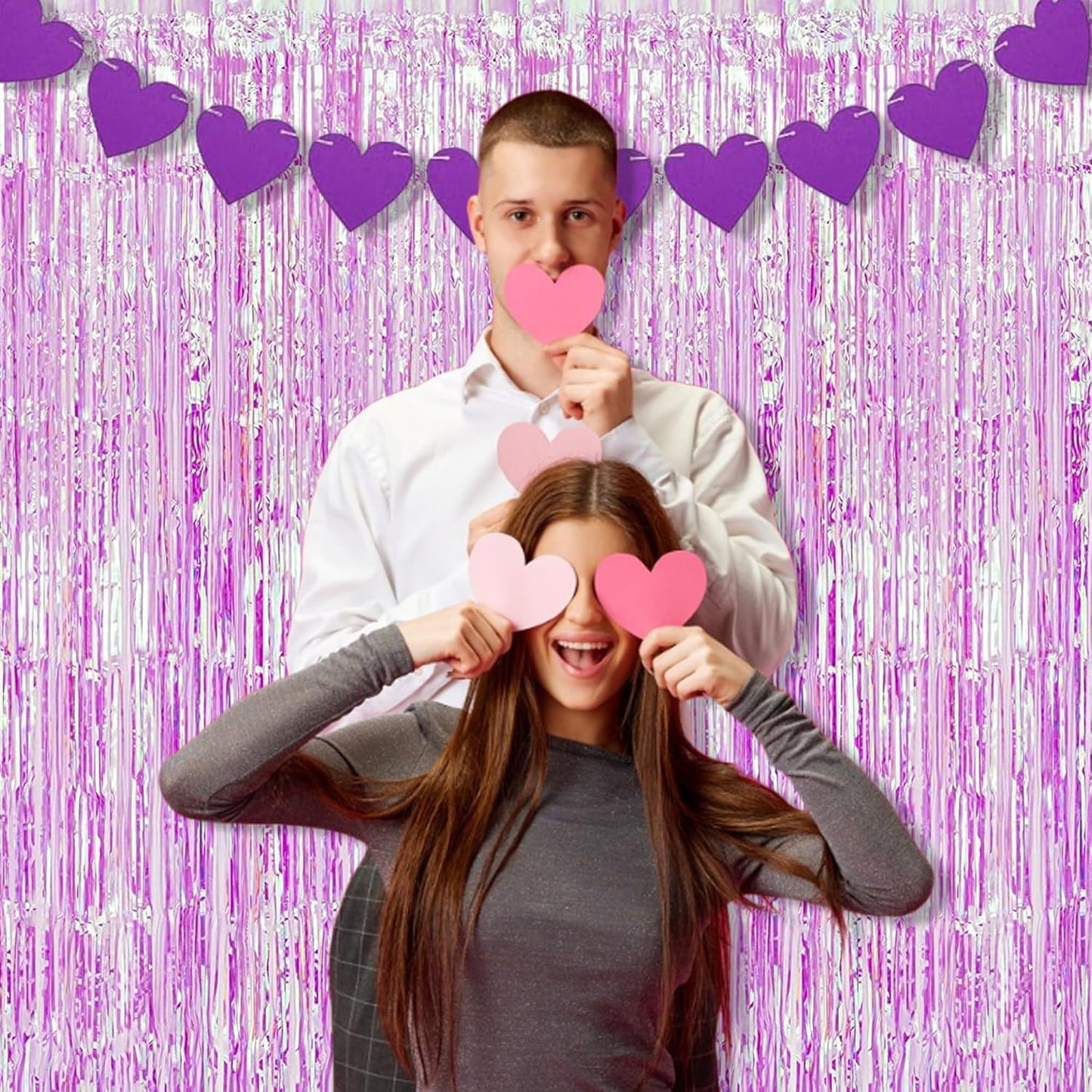 BRAVESHINE Clear Purple Party Decorations Iridescent Foil Curtain - 2 Pack 3.2 x 6.5 ft Holographic Tinsel Backdrop Party Streamers Curtains for Birthdays Valentine’s Bachelorette Bridal Shower Decor