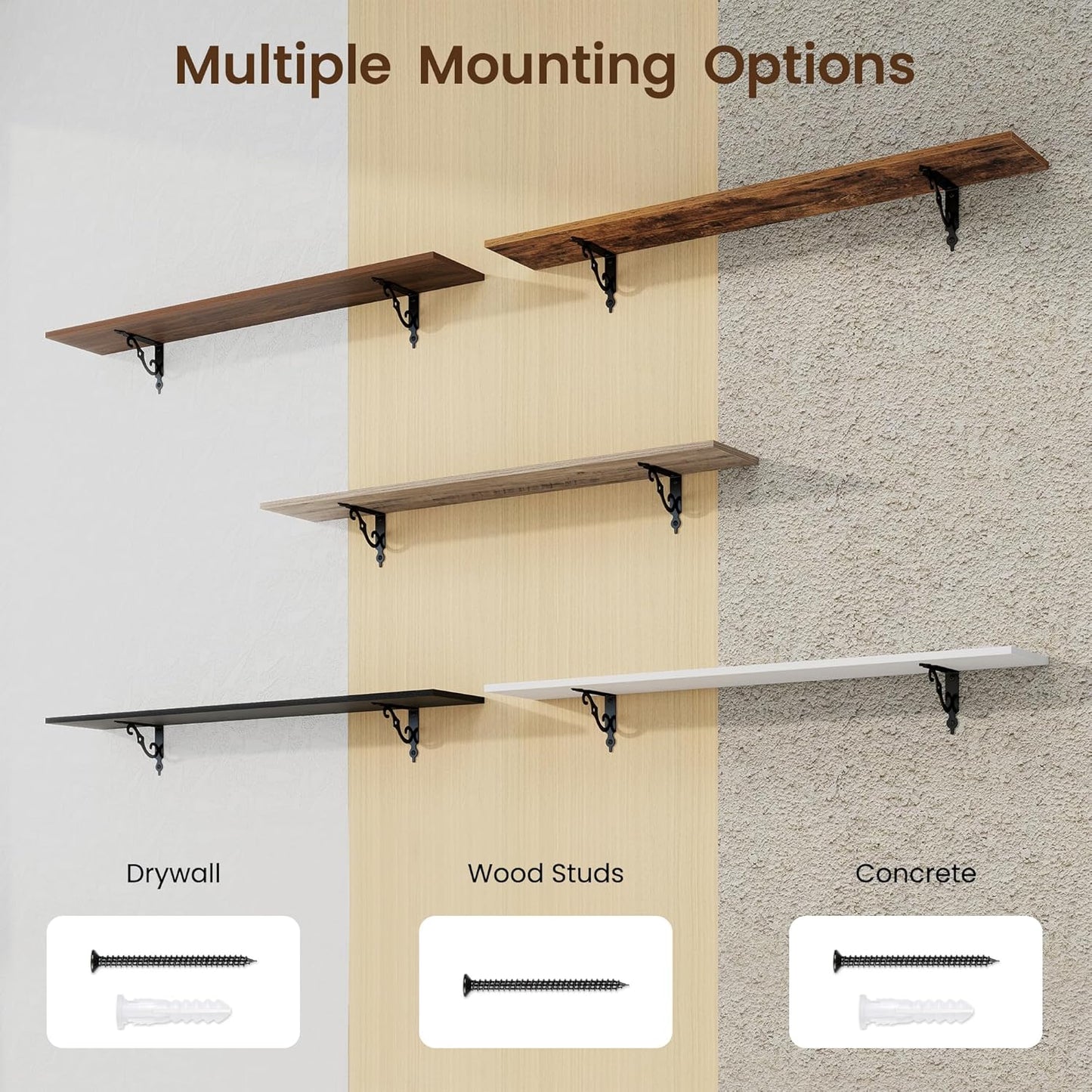 RICHFOCUS Floating Shelves for Wall Decor, 47.3W x 8D Wall Shelves Set of 2, 8 Inch Deep Rustic Wood Shelves Wall Mounted with Brackets, Long Shelves for Living Room Bedroom Kitchen, Rustic Brown