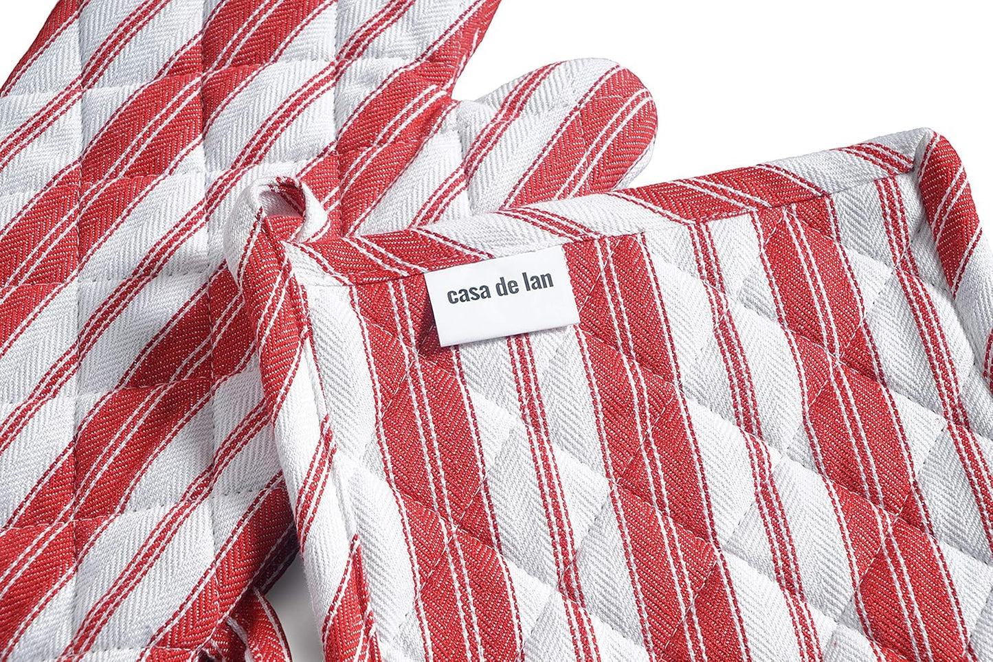 Oven Mitts & Potholder Set - Durable Heat Resistant Gloves - Thick Mittens for Kitchen - Suitable for Cooking, Baking, Grilling – BBQ - 2 Oven Mitts & 2 Potholders – Bright Red Stripes - Casa De Lan