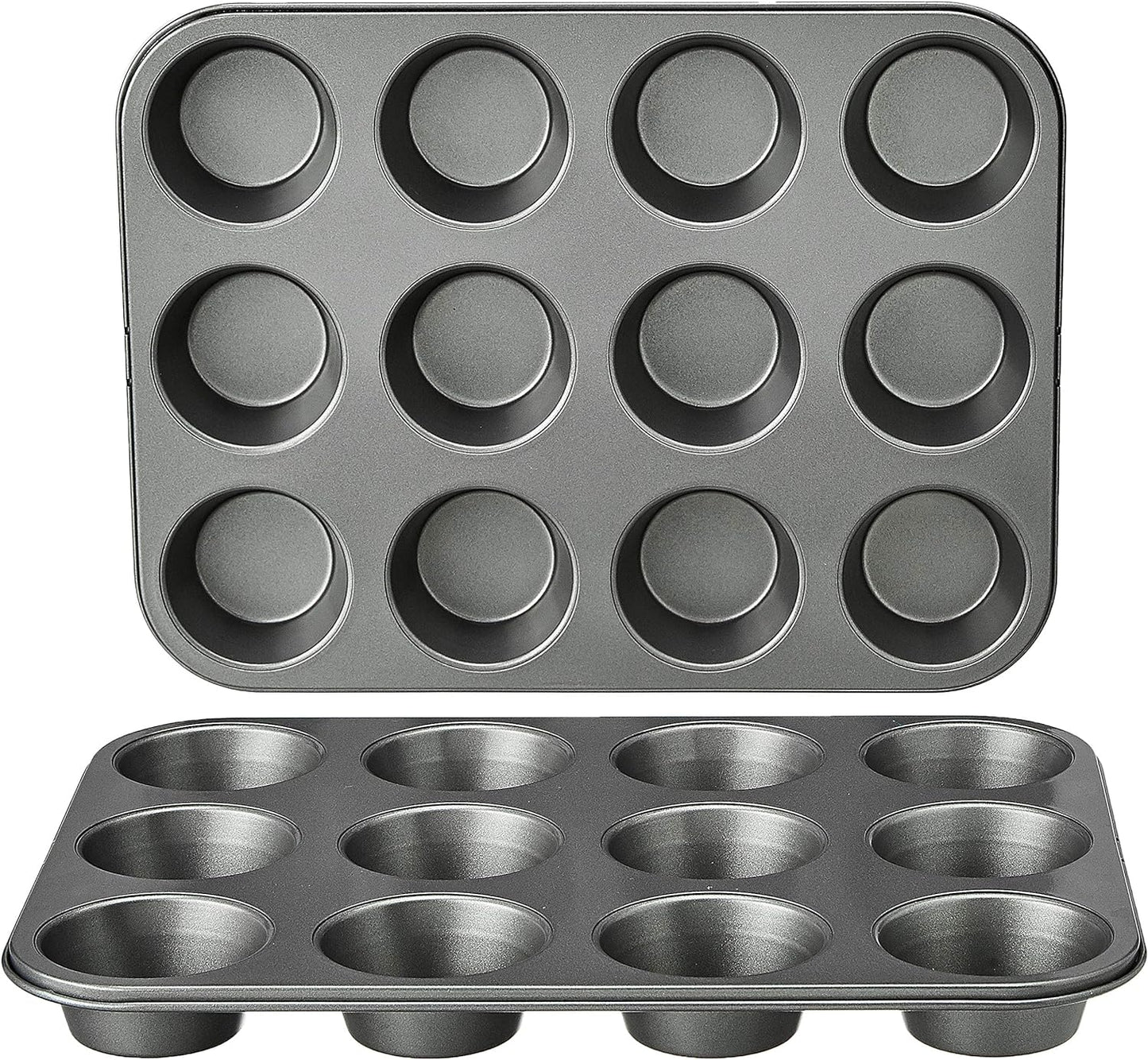 Amazon Basics Nonstick Round Muffin Baking Pan, 12 Cups, Set of 2, Gray, 13.9x10.55x1.22"